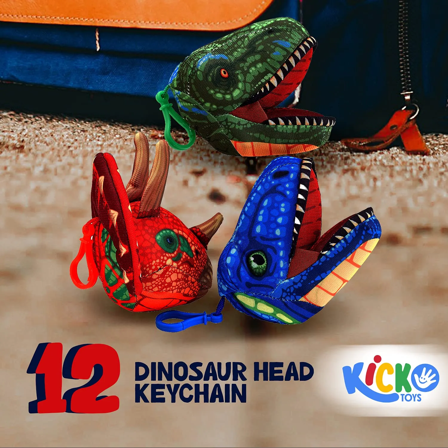 Kicko Dinosaur Head Keychain - 12 Pack - 5 Inch - Mini Backpack Hook - Keyring for Bag