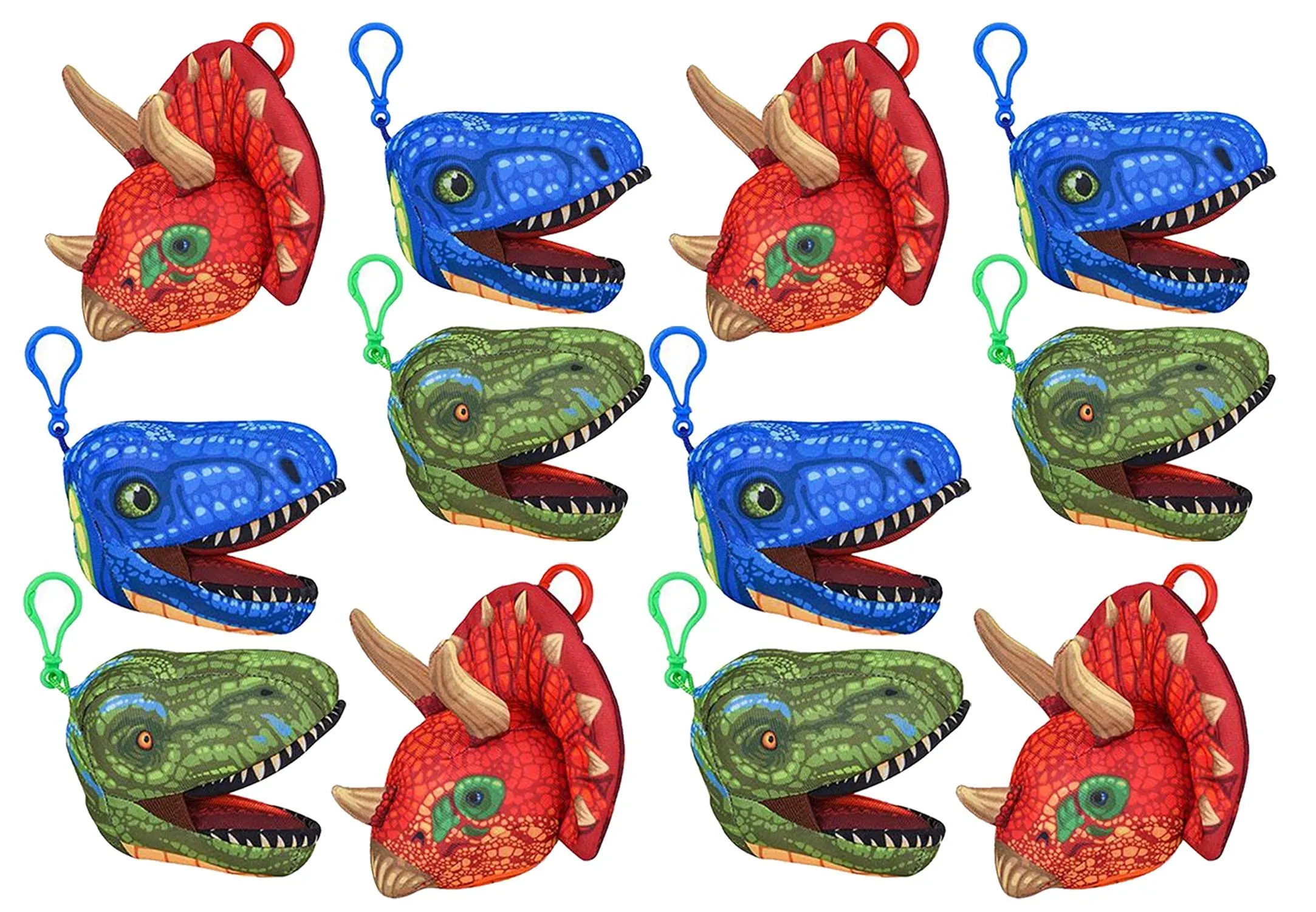 Kicko Dinosaur Head Keychain - 12 Pack - 5 Inch - Mini Backpack Hook - Keyring for Bag