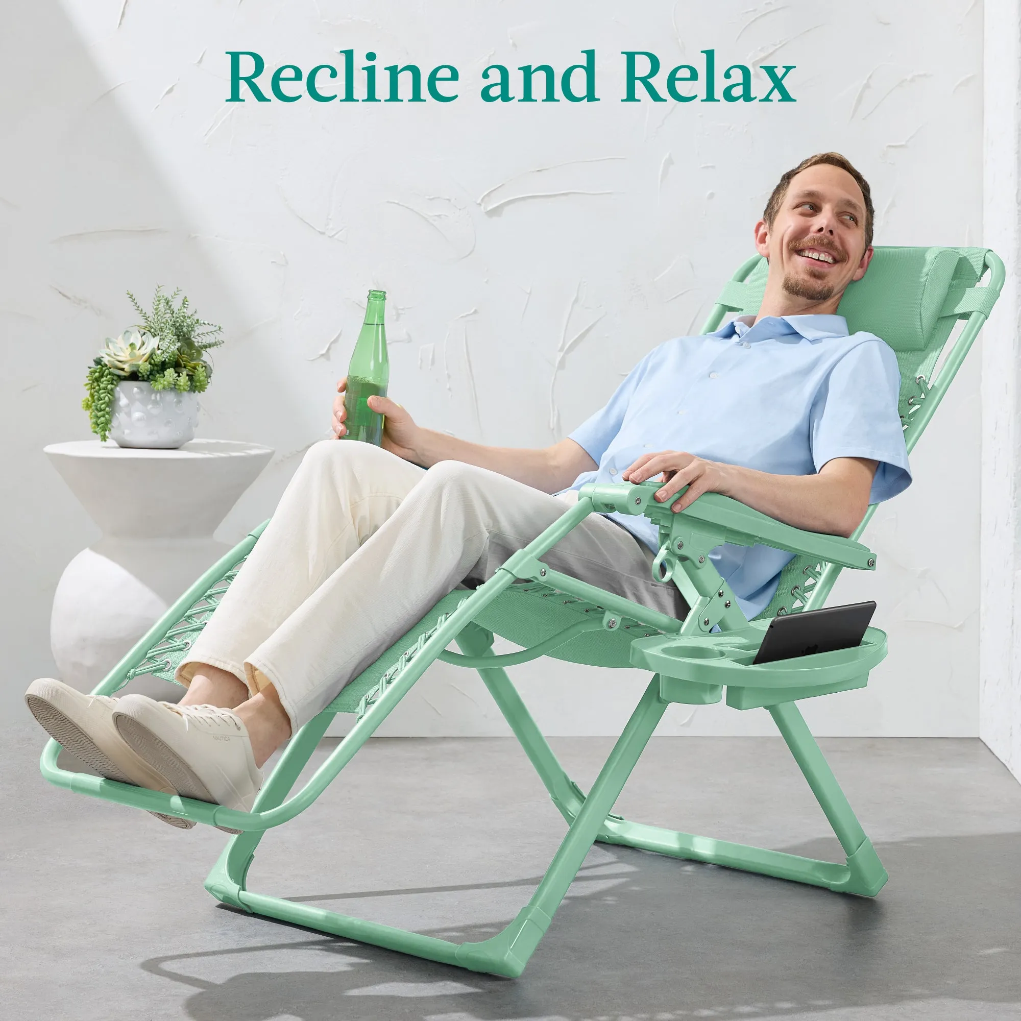 Monochromatic Zero Gravity Patio Chair Recliner w/ Side Tray, Headrest