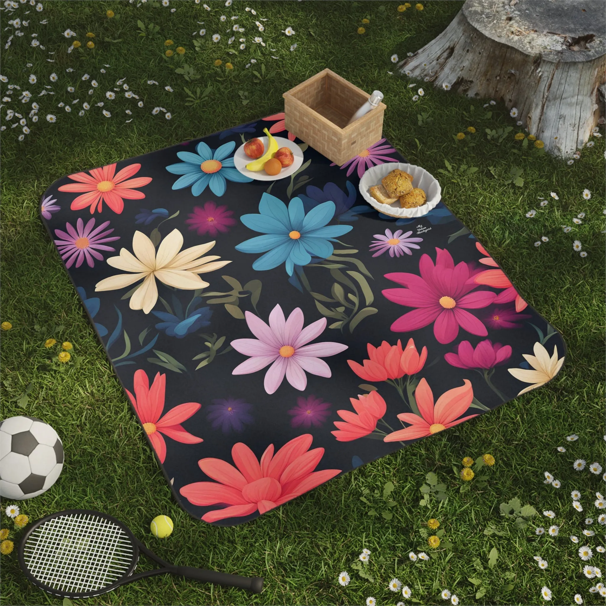 Night Blooming Flowers, Cozy Outdoor Picnic Blanket, Water-Resistant Bottom, 51" × 61"