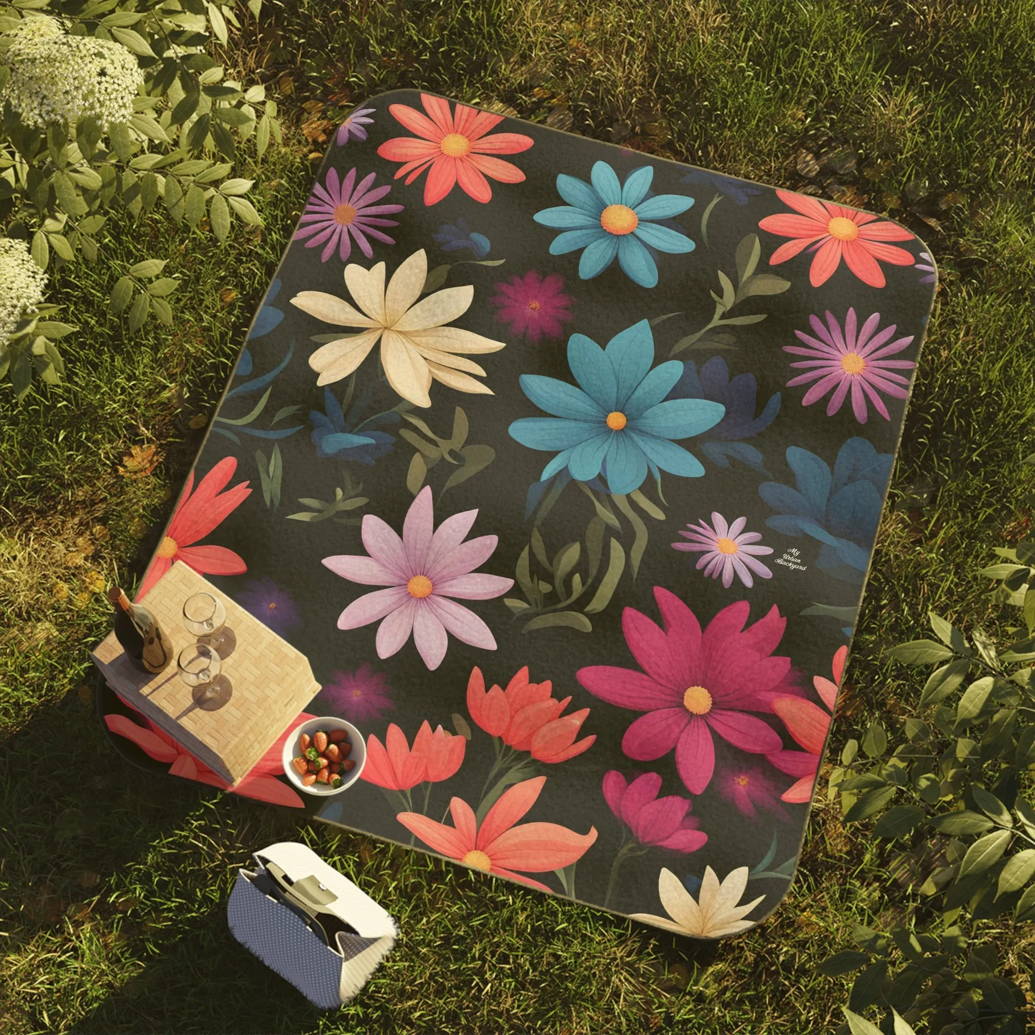 Night Blooming Flowers, Cozy Outdoor Picnic Blanket, Water-Resistant Bottom, 51" × 61"