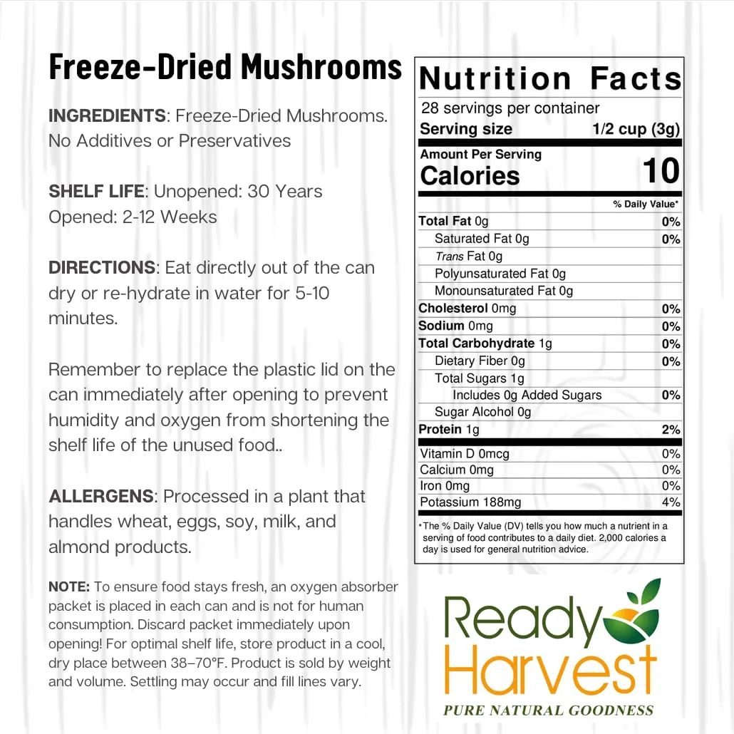 Ready Harvest Freeze-Dried Mushrooms - 30 Year Shelf Life - Six #10 Cans