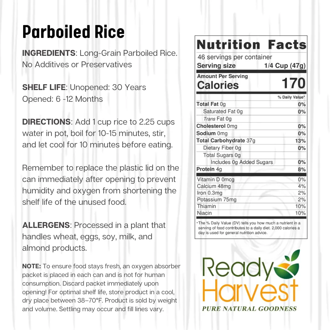 Ready Harvest Parboiled White Rice - 30 Year Shelf Life - Six #10 Cans