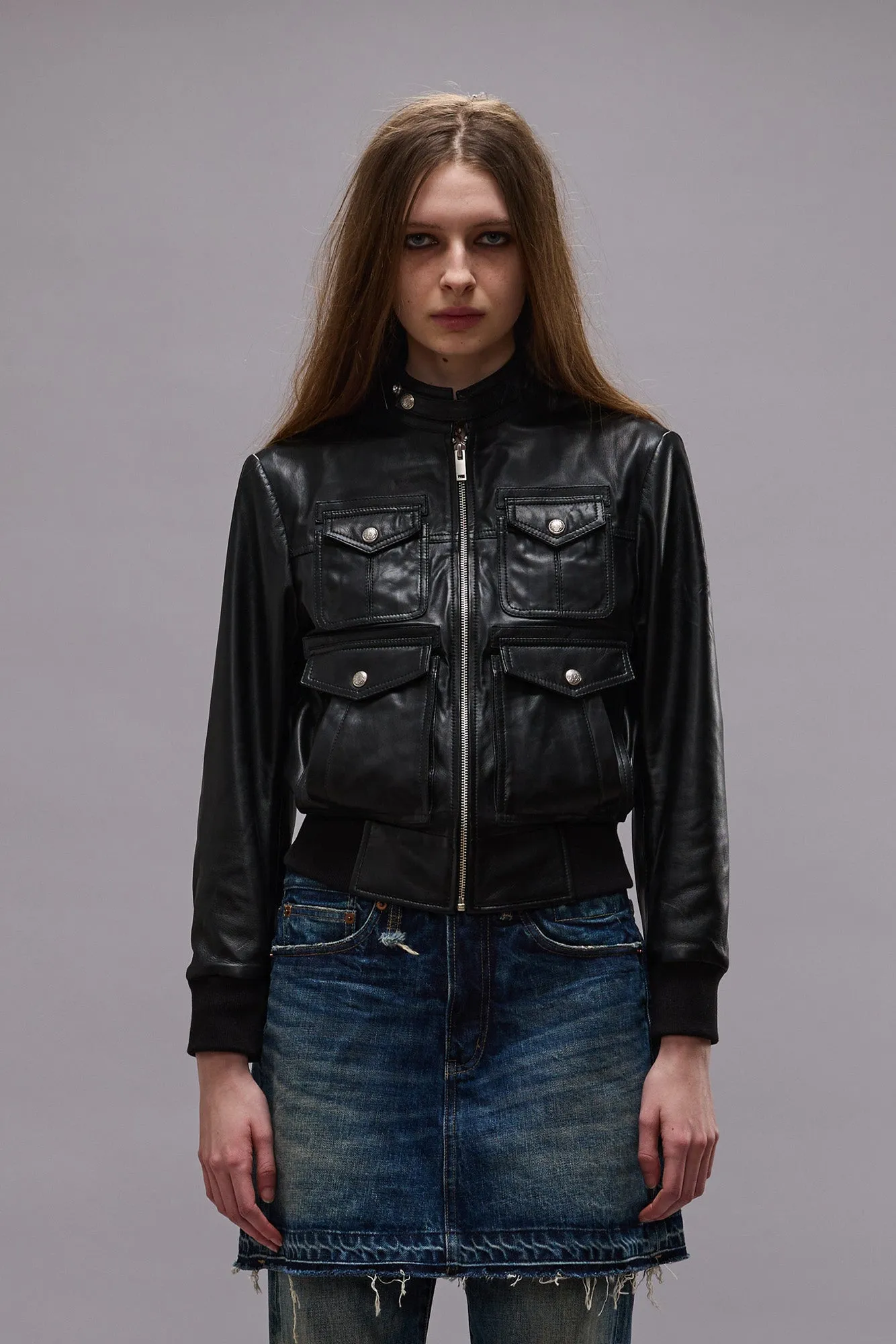 SHRUNKEN ZIP-UP LEATHER JACKET - BLACK