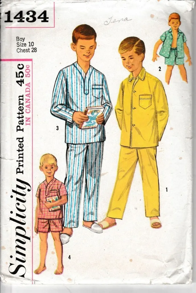 Simplicity 1434 Boys Two Piece Pajamas Vintage 1950's Sewing Pattern