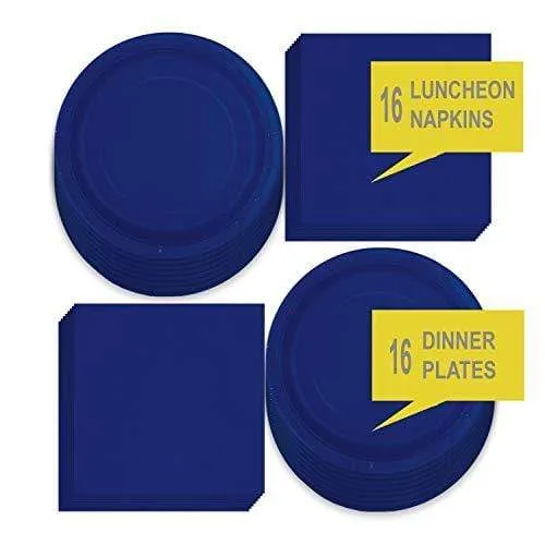 Solid Navy Blue Paper Dinner Plates and Luncheon Napkins, Naby Blue Party Supplies and Table Decorations (Serves 16)