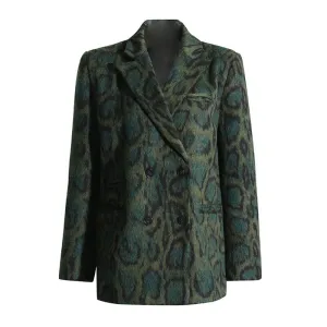 Vintage Leopard Print Faux Fur Lapel Collar Double Breasted Blazer