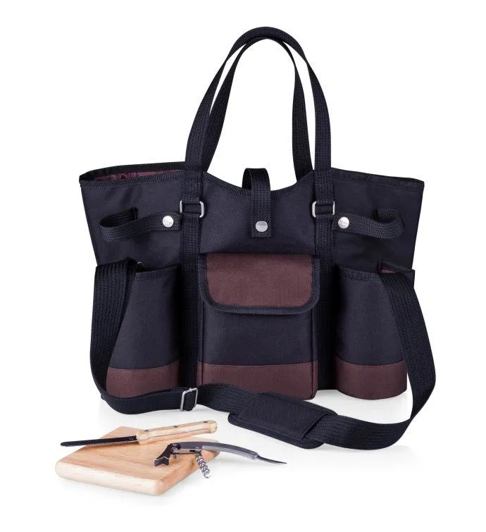 Wine Country Tote – Wine & Cheese Picnic Tote, (Black with Burgundy Accents)